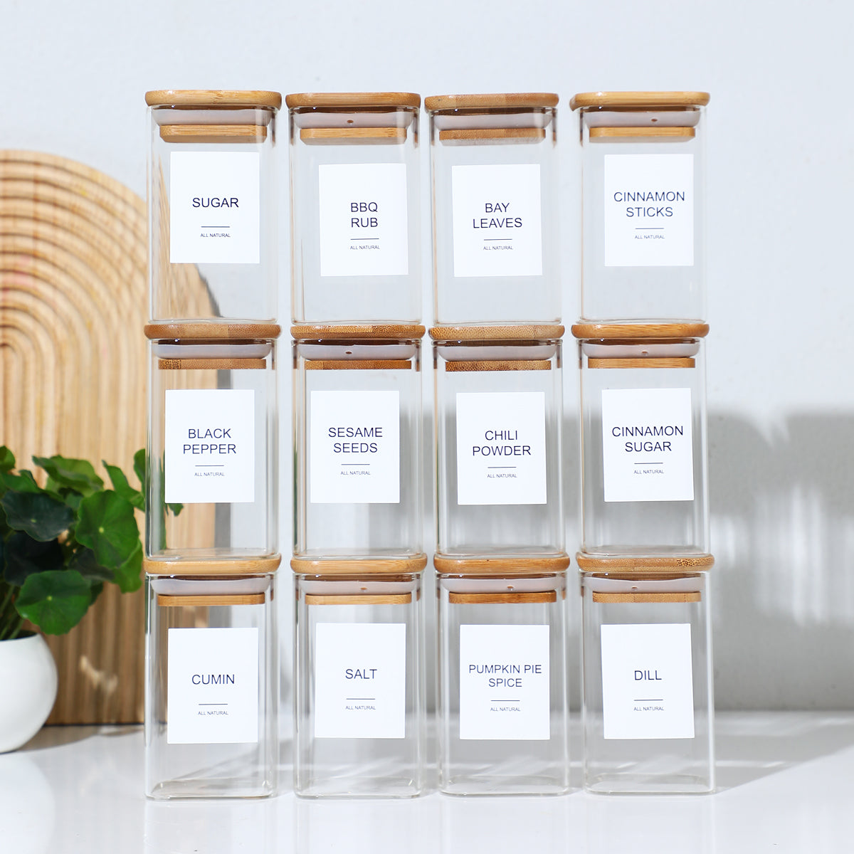 12 Pcs Square Spice Jars With 72 Sticker
